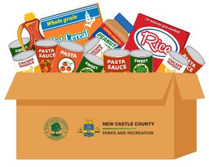 Cardboard box graphic with canned food items