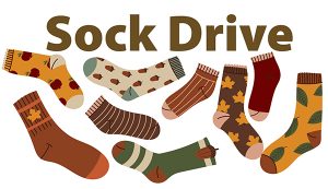 Bunch of socks with various patterns in fall colors with bold Text of Sock Drive on white background